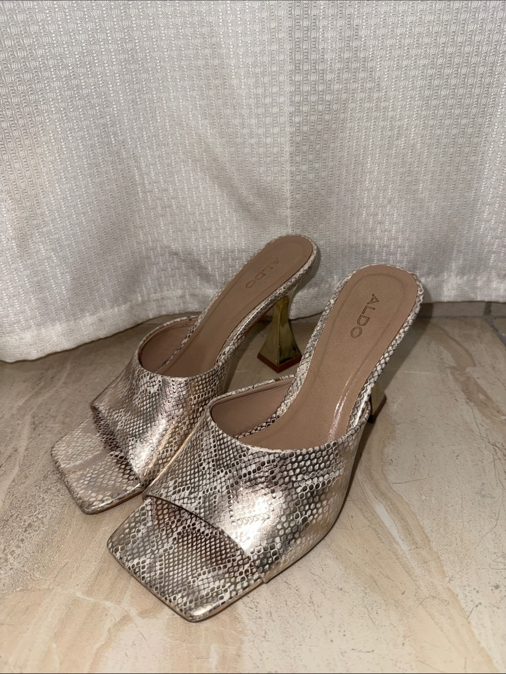 ALDO Metallic Snake-Print Slide Mules in Gold and Beige